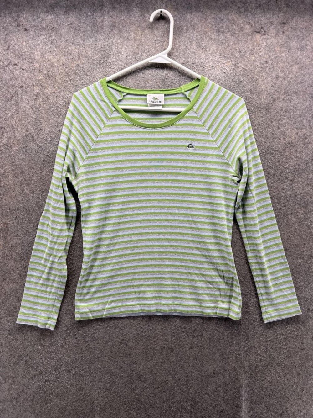 Lacoste Shirt Womens 42 Green Stripe Crew Neck Long Sleeve Raglan Jersey Top